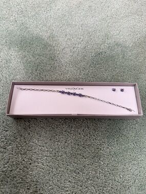 villager Silver Bracelet with Purple Crystal Accents and Matching Studs